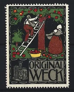 Reklamemarke Original Weck, Obsternte, Leiter und Korb mit Äpfeln