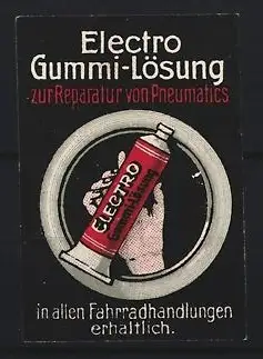 Reklamemarke Electro Gummi-Lösung, zur Reparatur von Reifen - Pneumatics, Hand mit Tube