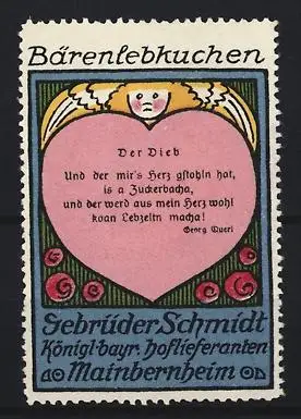 Reklamemarke Mainbernheim, Bärenlebkuchen Gebrüder Schmidt, Herz mit Engel und Vers von Georg Queri