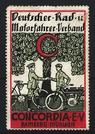 Reklamemarke Bamberg-München, Concordia e.V. Deutscher Rad- und Motorfahrer-Verband, zwei Männer mit Fahrrad & Motorrad