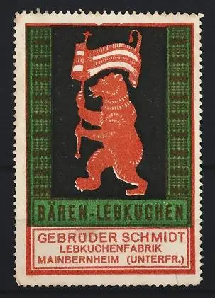 Reklamemarke Mainbernheim, Bären-Lebkuchen Gebrüder Schmidt, Bär mit Flagge