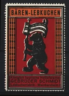 Reklamemarke Mainbernheim, Bären-Lebkuchen Gebrüder Schmidt, Bär mit Fahne