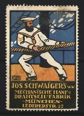 Reklamemarke München, Jos. Schwaigers Hanf & Drahtseil-Fabrik, Seemann mit Tau