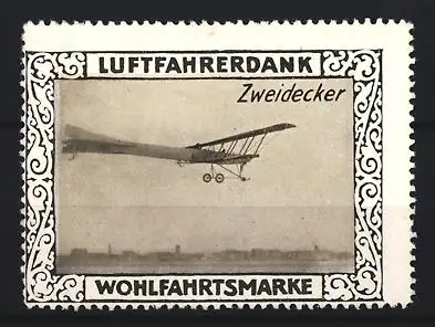 Reklamemarke Luftfahrerdank, Flugzeug Zweidecker, Doppeldeckerflugzeug