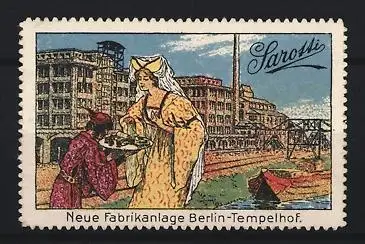 Reklamemarke Berlin-Tempelhof, Neue Fabrikanlage Teilestrasse 13-16, historische Szene mit Dame und Diener