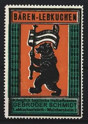 Reklamemarke Mainbernheim, Bären-Lebkuchen Gebrüder Schmidt, Bär mit Fahne