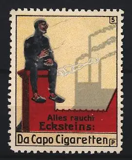 Reklamemarke Alles raucht Ecksteins, Rauchender Schornsteinfeger auf Fabrikdach