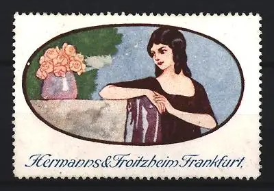 Reklamemarke Frankfurt, Modehaus Hermanns & Froitzheim, Frau mit Blumenvase