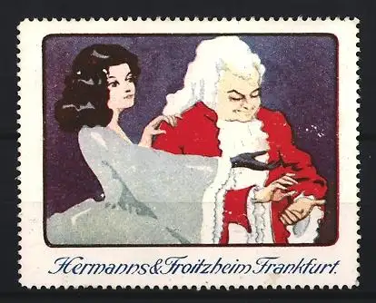 Reklamemarke Frankfurt, Modehaus Hermanns & Froitzheim, Frau und Mann in historischer Kleidung