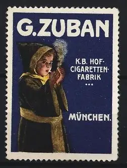 Künstler-Reklamemarke Ludwig Hohlwein, München, G. Zuban K.B. Hof-Cigarettenfabrik, Münchner Kindl mit Zigarette
