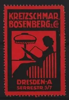 Reklamemarke Dresden, Kretzschmar Bösenberg & Co, Lesende Frau mit Lampe