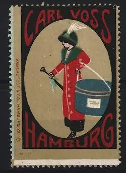 Reklamemarke Hamburg, Carl Voss Hutmode, elegante Dame mit Hutschachtel