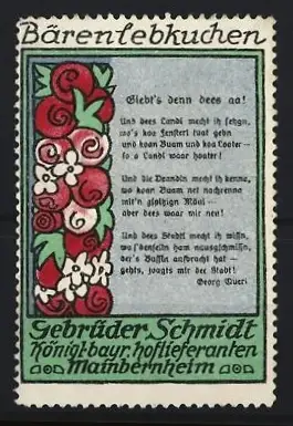 Reklamemarke Mainbernheim, Gebrüder Schmidt Bärenlebkuchen, florales Muster