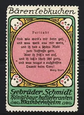 Reklamemarke Mainbernheim, Bärenlebkuchen Gebrüder Schmidt, Gedicht von Georg Queri