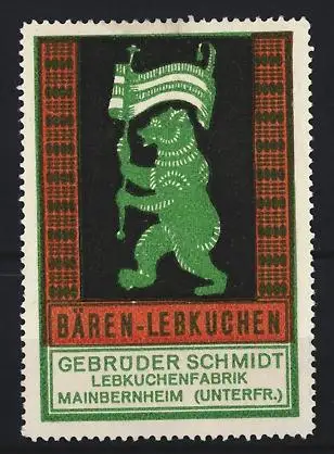 Reklamemarke Mainbernheim, Gebrüder Schmidt Bären-Lebkuchen, grüner Bär mit Fahne
