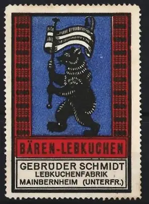 Reklamemarke Mainbernheim, Gebrüder Schmidt Bären-Lebkuchen, Bär mit Fahne