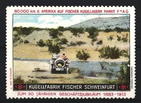 Reklamemarke Schweinfurt, Kugelfabrik Fischer, Auto in Wüste bei 80.000 km Testfahrt durch Amerika