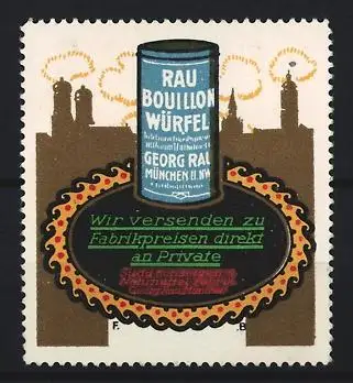 Reklamemarke München, RAU Bouillon Würfel, Konservendose vor Skyline