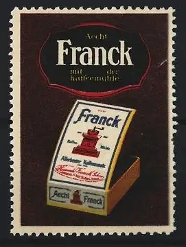 Reklamemarke Aecht Franck Kaffeezusatz, Packung mit Kaffeemühle
