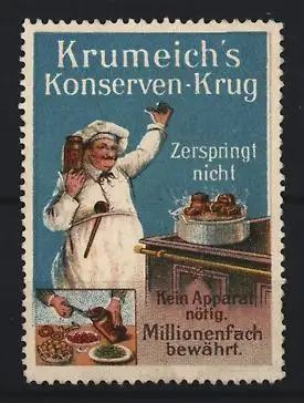 Reklamemarke Krumeich`s Konserven-Krug, Koch mit krug der nicht zerspringt