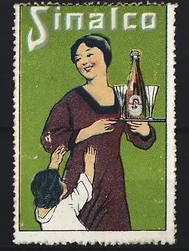 Reklamemarke Sinalco, Frau mit Tablett und Flasche