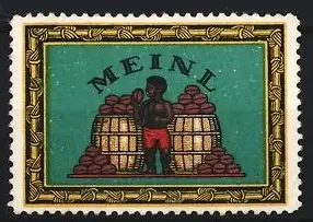 Reklamemarke Meinl, Kaffeehandel, Junge mit Kaffeebohnen und Fässern