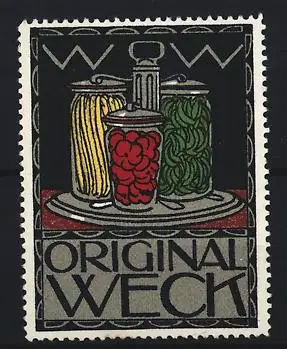 Reklamemarke Original Weck, Einmachgläser auf Tablett