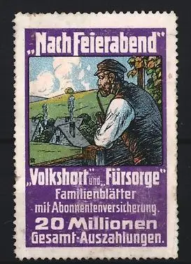 Reklamemarke Familienblätter Volkshort und Fürsorge, Nach Feierabend, Mann mit Pfeife