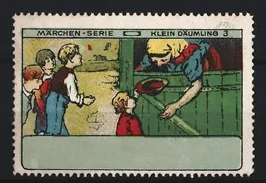 Reklamemarke Märchen-Serie, Klein Däumling, Szene mit Kindern und Frau