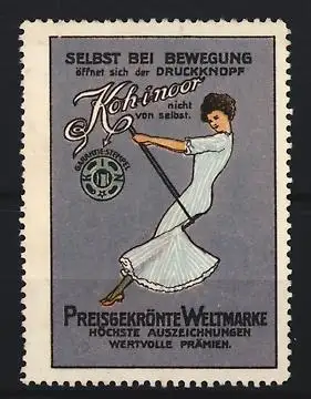 Reklamemarke Koh-i-noor Druckknopf, Frau auf der Schaukel