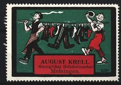 Reklamemarke Meiningen, August Krell, Herzoglicher Hofschuhmacher, Schusterjungen mit Schuhen