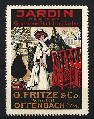 Reklamemarke Offenbach, O. Fritze & Co., Gartenmöbel-Lackfarbe, Frau mit Gartenmöbeln