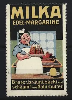 Reklamemarke Milka Edel-Margarine, Köchin mit Kuchen
