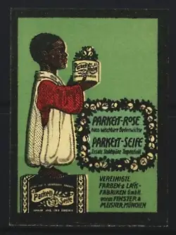 Reklamemarke München, Vereinigte Farb- und Lackfabriken, Parkett-Rose, Parkett-Seife, Kind mit Seifenpaket