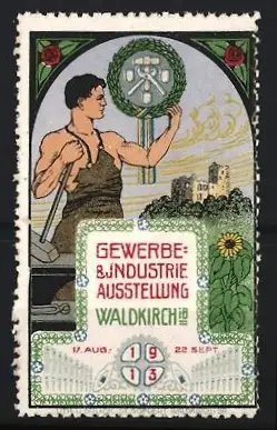 Reklamemarke Waldkirch, Gewerbe- & Industrieausstellung 1913, Schmied mit Hammer und Schloss