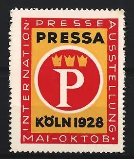 Reklamemarke Köln, Pressa 1928, drei Kronen und Buchstabe P