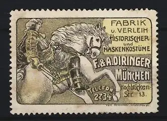 Reklamemarke München, F. & A. Diringer, Historische und Maskenkostüme, Ritter auf Pferd