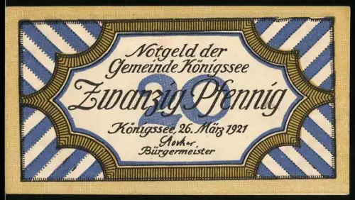 Notgeld Königsee 1921, 20 Pfennig, Landschaft mit Baum und Bergen