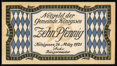 Notgeld Königssee 1921, 10 Pfennig, Berglandschaft mit See und Ruderbooten, Rautenmuster und Wappen
