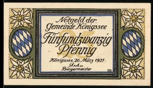 Notgeld Königsee 1921, 25 Pfennig, Edelweiss und Bergsee-Motiv
