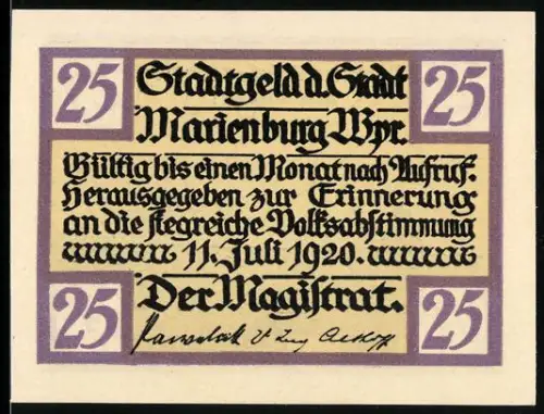 Notgeld Marienburg /Wpr. 1920, 25 Pf, Silhouette von Menschenmenge und Ortsansicht im Sonnenuntergang
