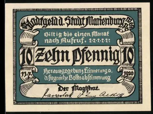 Notgeld Marienburg /Wpr. 1920, 10 Pfennig, Volksabstimmung und Kirche mit Menschenmenge