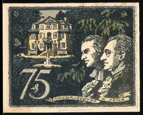 Notgeld Jena 1921, 75 Pfennig, Schiller und Goethe, Villa im Hintergrund