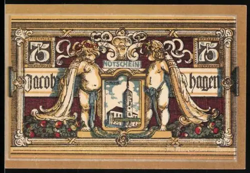 Notgeld Jacobshagen 1920, 75 Pfennig, Ortsansicht mit Engeln und Wappen