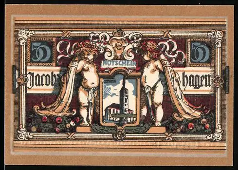 Notgeld Jacobshagen 1920, 50 Pfennig, Putti mit Turm und Gebäude, Wappen mit Greif