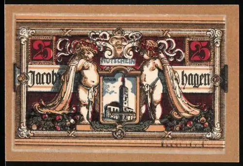 Notgeld Jacobshagen 1920, 25 Pfennig, Putten mit Stadtwappen und Gebäudeansicht