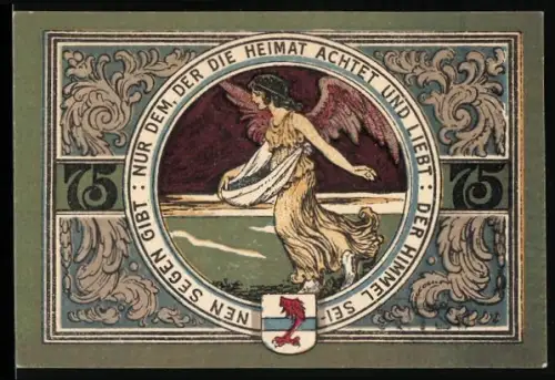 Notgeld Jacobshagen 1920, 75 Pfennig, Engel und Gebäude mit Wappen