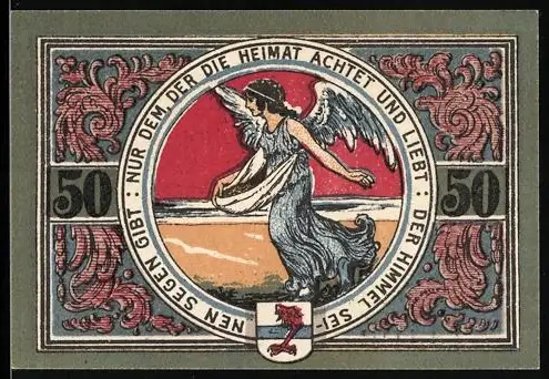 Notgeld Jacobshagen 1920, 50 Pfennig, tanzender Engel und Gebäude mit Wappen