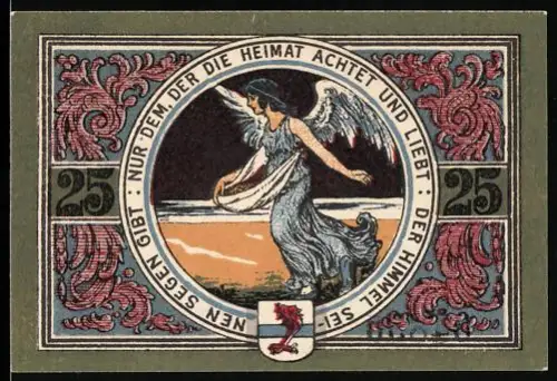 Notgeld Jacobshagen 1920, 25 Pfennig, Burg und Engel mit Wappen