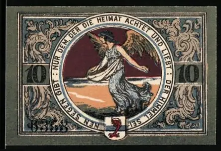 Notgeld Jacobshagen 1920, 10 Pfennig, tanzende Frau und florales Muster mit Wappen